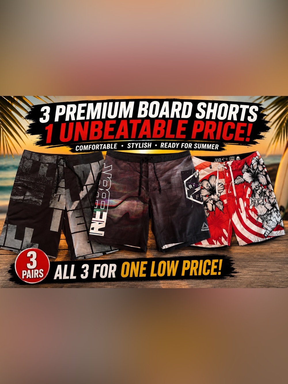 Men's O’Neill, Reebok, Lost Board Shorts 3-Pack bundle